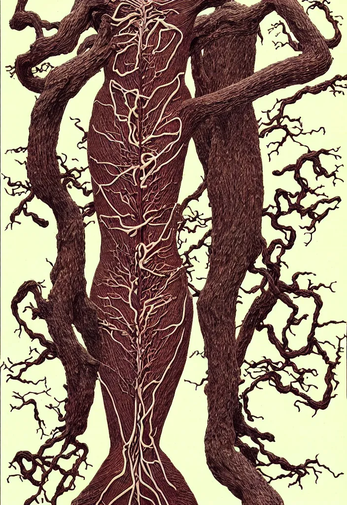 Image similar to prompt: anatomy dissection drawing veins and organs human shaped tree character drawn by Takato Yamamoto, bonsai anatomy atlas, veins and organs attached to tree roots, alchemical objects inspired by 1980's sci-ci, old experimentation cabinet, intricate oil painting detail, manga 1980