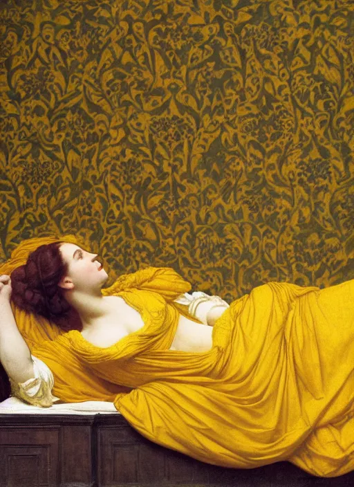 Image similar to masterpiece portrait of lady reclining on bed wearing yellow ochre ornate medieval dress, foreshortening, colour photography by frederic leighton, william morris, 8 k