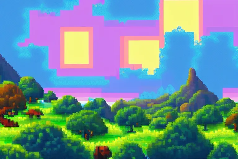 Image similar to pixel landscape, pixel evening, beautiful pixel cloud, beautiful pixel sky, quiet, no people, trending on artstation, trending on deviantart, pixelart, pixelperfect, pixel art, pixel, art of angrysnail, pixel game, indiegame