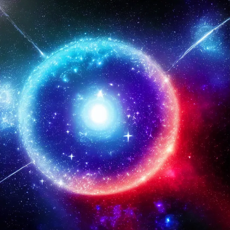 Prompt: quantum immortality. death of galactics. big bang in center. starfield. deep space, dark deep blue, dark. no text