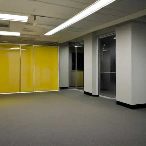 Image similar to an empty office space at night, eerie atmosphere, yellow hue