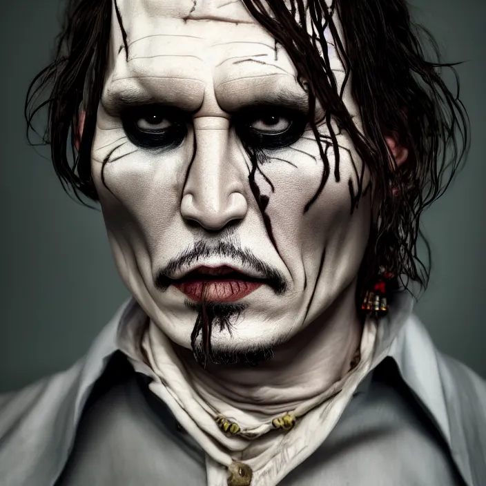 Prompt: photographic portrait face of Johnny Depp as Voldemort, high light on the left, illuminated by a dramatic light, Low key lighting, light dark, High constrast, dramatic , Steve Mccurry, Greg Rutkowski, Alphonse Mucha, high quality, photo-realistic, four fingers maximum ,8K