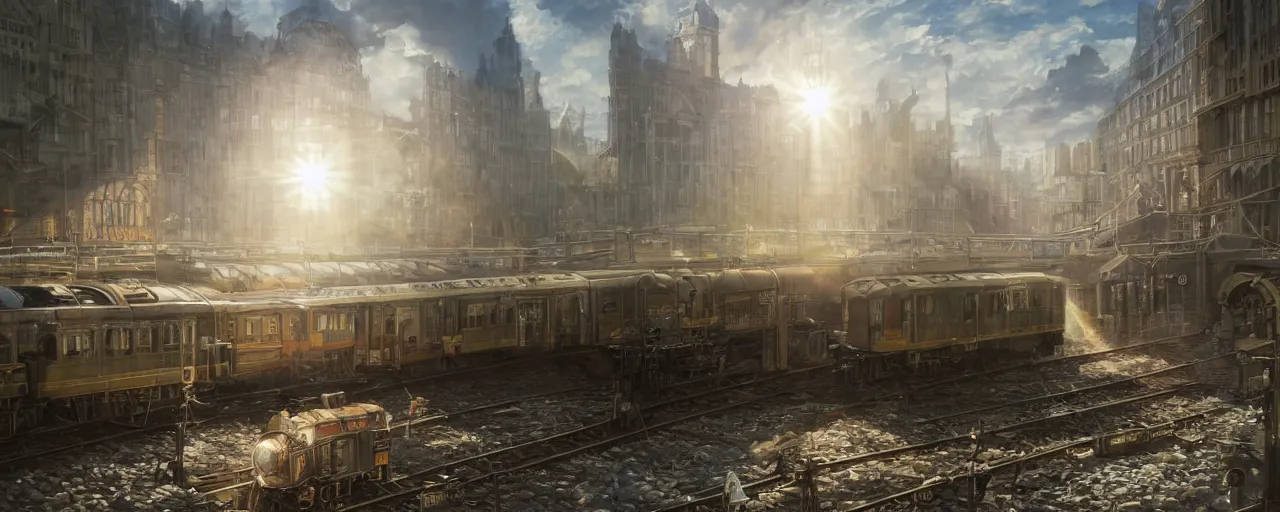 Image similar to photorealistic subway station with arriving steam trains, daylight, sunlight, lens flare, highly detailed, digital painting, artstation, concept art, smooth, sharp focus, 8k, photorealistic, 25mm f/1.7 ASPH Lens, ultra realistic steampunk illustration, art by greg rutkowski and alphonse mucha