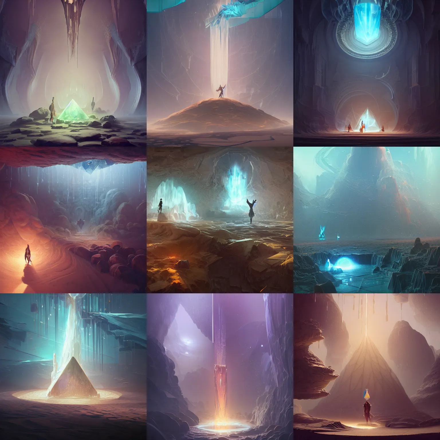 Prompt: victorian arcs of sand, water falling from ceiling, giant crystal on center, by peter mohrbacher dan mumford craig mullins nekro, cgsociety, pixiv, volumetric light, 3 d render