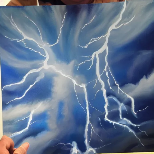 Prompt: airbrush painting of a blue storm clouds with lightning, at the centre of the painting is Jesus crown of thorns, highly detailed and dramatic lighting, smooth texture and clean details