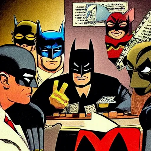 Prompt: batman playing a poker game with other superheroes in a basement, coolidge