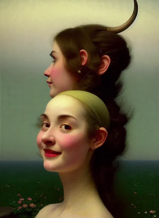 Image similar to hyper detailed 3 d render like a oil painting - cute portrait of a brunette called emma, italian looks, looking at camera, symmetrical face, long brunette hair, with a smiling cow looking over her shoulder by ryden, kawase hasui, dorothea tanning, edward hopper and james gilleard, aivazovsky, beksinski, outram, artstation