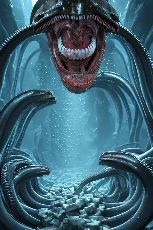 Image similar to underwater xenomorph alien mixed with sharks extra teeth, tentacles, emerging from labyrinth, highly detailed, digital painting, artstation, concept art, smooth, sharp focus, illustration, unreal engine 5, 8 k, art by david levy and carlos huante and ifbb pro fitness photograph