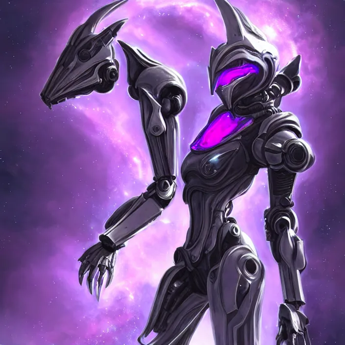 Image similar to cinematic close shot, cosmic sized proportional stunning beautiful hot female warframe, detailed robot mecha female dragon head, metal ears purple eyes, sleek silver armor, fuschia skin, floating in empty space, nebula sized, posing elegantly, epic proportions, epic size, epic scale, furry art, dragon art, giantess art, warframe fanart, furaffinity, deviantart