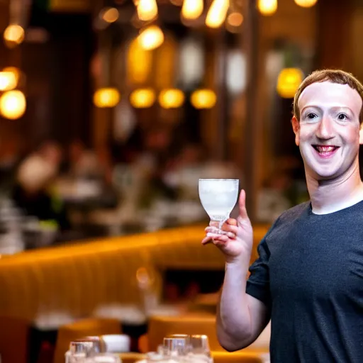 Image similar to Mark Zuckerberg as a restaurant waiter holding a coaster, EOS-1D, f/1.4, ISO 200, 1/160s, 8K, RAW, unedited, symmetrical balance, in-frame, Photoshop, Nvidia, Topaz AI