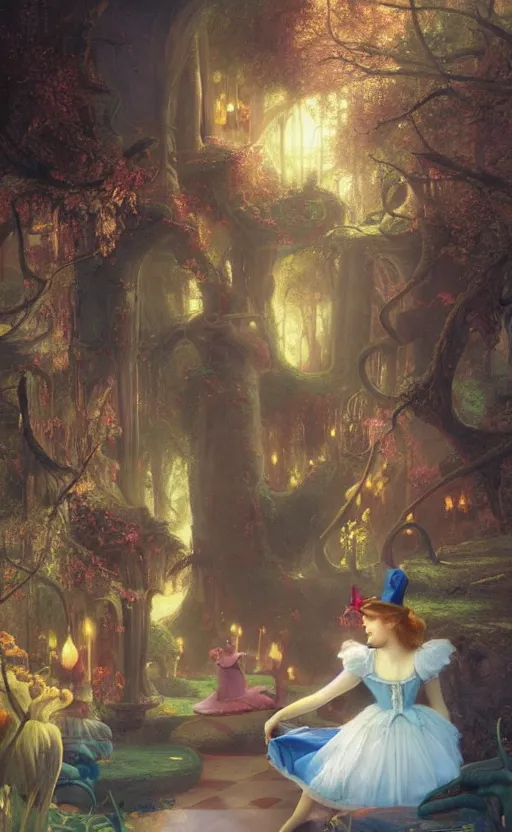 Prompt: Alice in the wonderland by Raphael Lacoste and Delphin Enjolras and William Bliss Baker