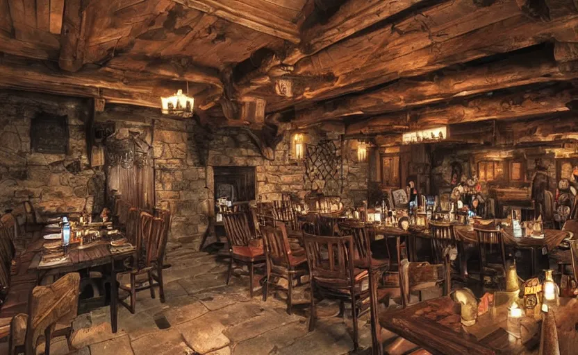 Prompt: medieval fantasy tavern, curtained booths, rowdy patrons, elves and humans, roaring fireplace