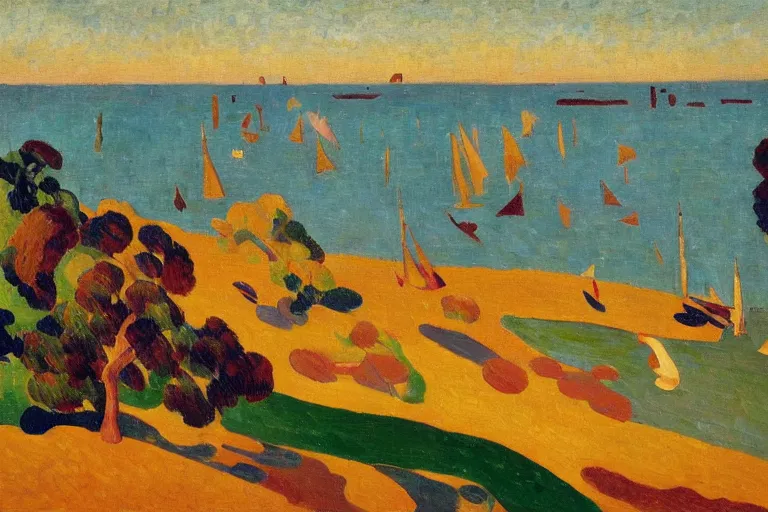 Image similar to A sprawling abstract landscape painting of the Chesapeake bay in the fall, bathed in golden light, peaceful, sailboats, birds in the distance, golden ratio, fauvisme, art du XIXe siècle, oil on canvas by André Derain, Albert Marquet, Auguste Herbin, Louis Valtat, Musée d'Orsay catalogue