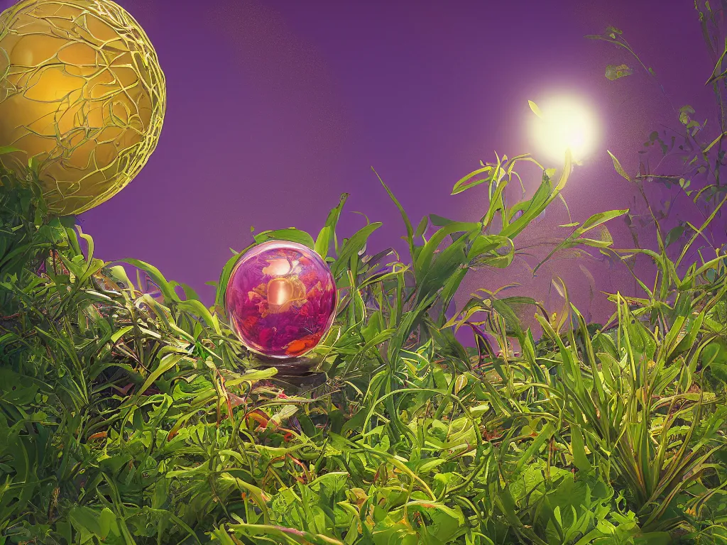 Prompt: sunlight study, kauai wildflower undergrowth within the orb, art nouveau, by rachel ruysch and martin johnson heade and ( ( ( ( ( lisa frank ) ) ) ) ), 8 k, sharp focus, octane render