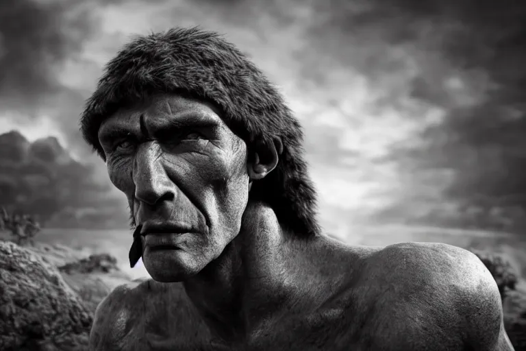 Image similar to still photo of stone age man looking at the camera in a battlefield, black and white color aesthetic, highly detailed, photorealistic portrait, bright studio setting, studio lighting, crisp quality and light reflections, unreal engine 5 quality render