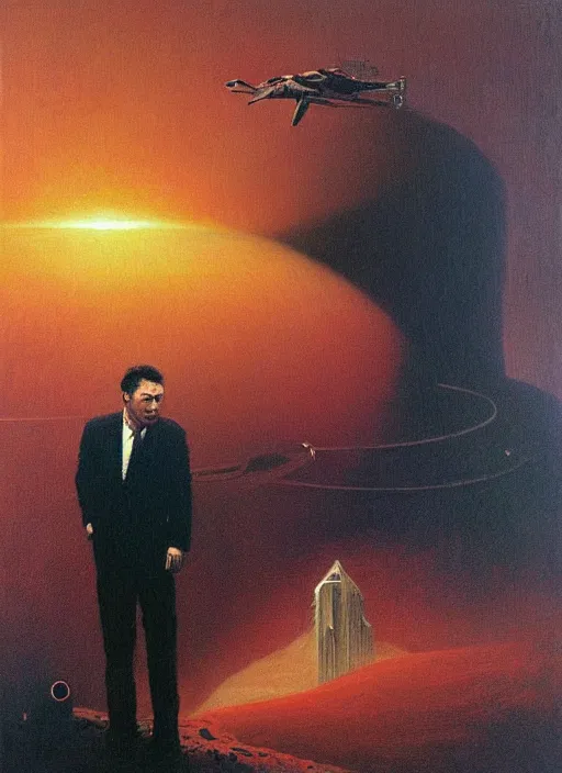 Image similar to A painting of Elon Musk in style of Beksinski. Very detailed