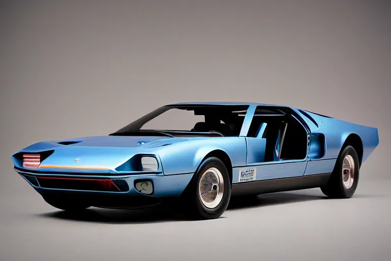 Image similar to designed by john delorean stylized poser of a single 1 9 6 9 fastback mustang ( mk 2 ford gt 4 0 ) delorean, large led lights, ektachrome photograph, volumetric lighting, f 8 aperture, cinematic eastman 5 3 8 4 film