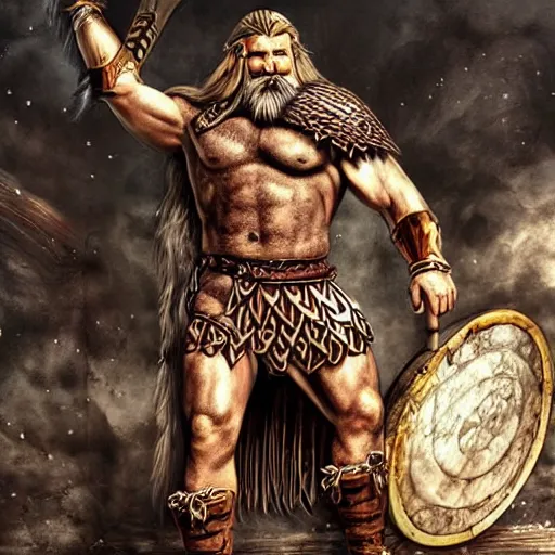 Prompt: king barbarian old cosmic viking, muscular man, viking armor, odin