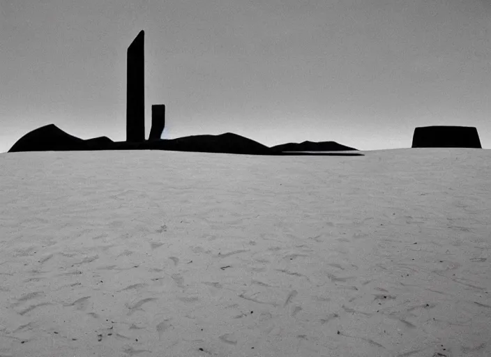 Prompt: an occult pagan giant monument in the middle of the desert by gertrude abercrombie