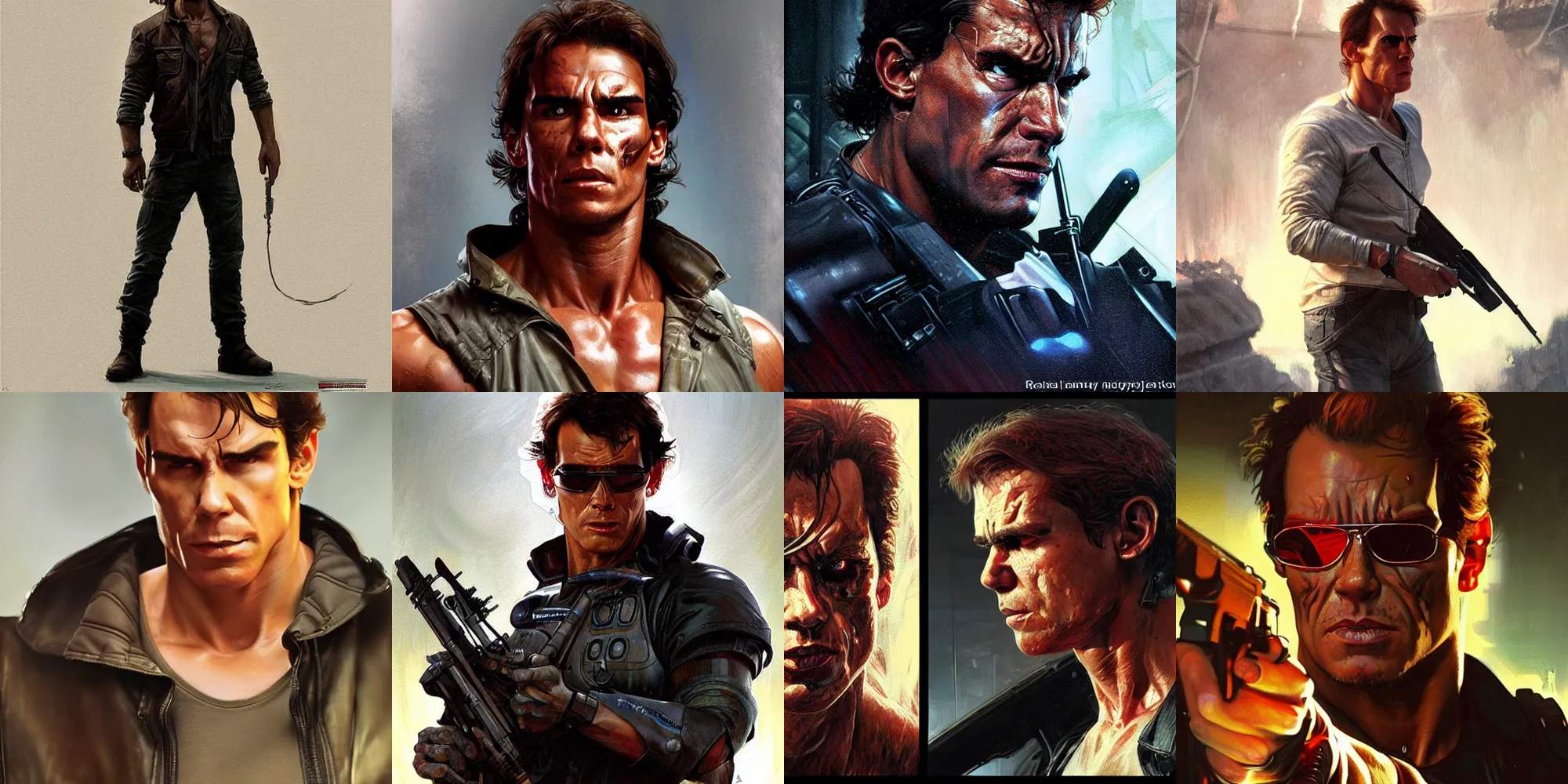 Prompt: The character of the Terminator film Rafael Nadal, a highly detailed character in digital fantasy, painted portrait, artstation, concept art, hard focus, illustrations, works by Artgerm and Greg Rutkowski, Alphonse Mucha and Craig Mullins, James Jean, Andrey Ryabovichev, Mark Simonetti and Peter Morbacher, 16 thousand