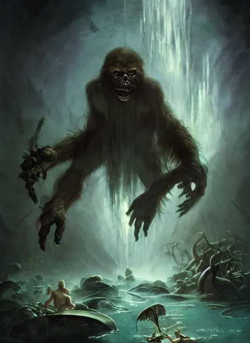 Image similar to shackled in styx river of the underworld, frank frank frazetta and cgsociety, stunning sasquatch, blood splatters, charlie bowater and tom bagshaw, insanely detailed, deviantart, space art, atoms surrounded by skulls, death, and spirits flying, water fall, horror, sci - fi, surrealist painting, by peter mohrbacher