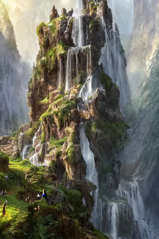 Prompt: extreme low angle shot of a beautiful elven castle made of silver above huge waterfalls, lovely valley, by James Gurney, by Greg Rutkowski, concept art, volumetric lighting, intricate, vivid colors, octane render, trending on artstation, 8k