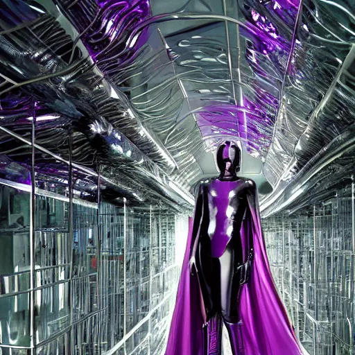 Prompt: conde nast traveler photo, inside a futuristic minimalist alien jungle made out of shiny reflective chrome, futuristic android with limbs made out of stretchy rubber tubing mixed with shiny colorful giant intricate detailed chrome gauntlets and chest piece and gladiator helmet, wearing a long purple velvet cape, fog and mist