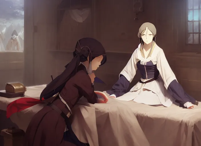 Image similar to florence nightingale, crimean war hospital, 1 8 5 4, delicate features finely detailed perfect art, gapmoe yandere grimdark, trending on pixiv fanbox, painted by greg rutkowski makoto shinkai takashi takeuchi studio ghibli