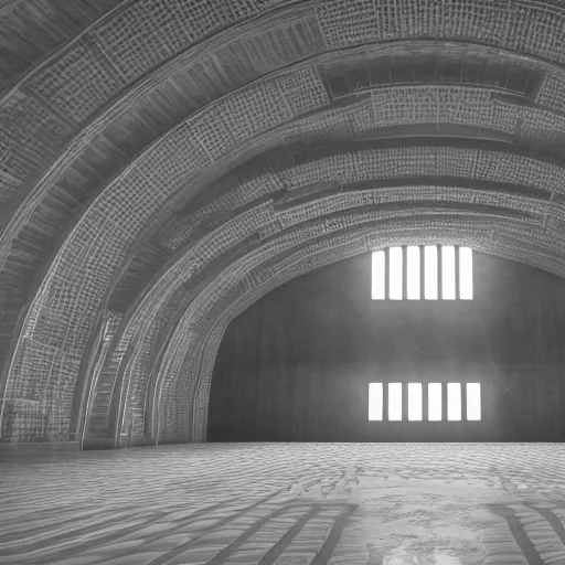 Image similar to houdini render, inside the grand hall of a stunning giant huge brutalist cement palace, a giant floating screaming face made up of swirling colorful glowing particles formed in the center of the room, a huge crowd of people in black cult robes worshiping it, cinema 4 d, volumetric lighting and shadows, fog, 8 k