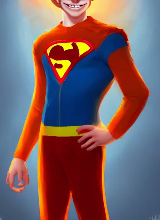 Image similar to friendly teenage archie andrews wearing an orange superhero costume with heart logo, freckles, pureheart the powerful, heart emblem on chest, blue cape, intricate, elegant, glowing lights, highly detailed, digital painting, artstation, sharp focus, illustration, art by wlop, mars ravelo and greg rutkowski