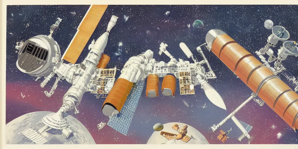 Image similar to 1 9 7 0 s nasa technical illustration concept art color archives space station habitat ring