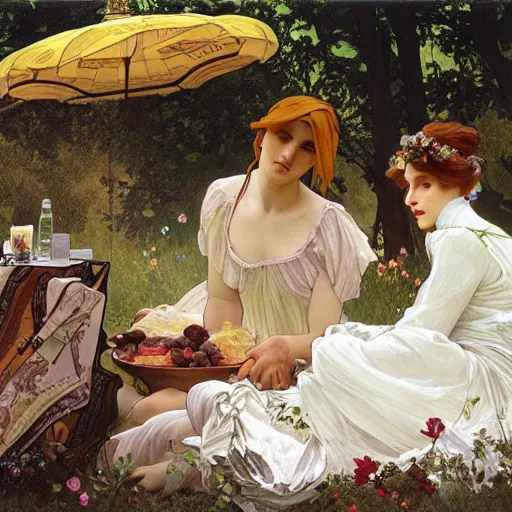 Prompt: a Taxi-Cab-Lunch-Picnic, spread-across-the-hood, romantic luncheon art by alphonse mucha and Monia Merlo and Raymond Swanland