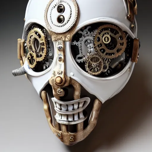 Image similar to extremly detailed white ceramic steampunk mask, high details, photorealistic, 8 k, sharp focus, white ceramic material