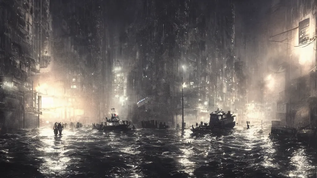 Image similar to dramatic Photorealistic, Matte Painting of a tug boat with bright head lights exploring post apocalyptic flooded Hong Kong city street at night,dark Tall buildings by Greg Rutkowski,Craig Mullins,Hyperrealism,Beautiful dramatic moody lighting,Cinematic Atmosphere,Volumetric,VRay Rendering,8K