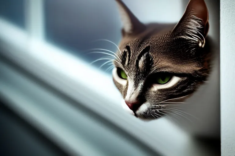 Image similar to vfx film closeup, cat on a window ledge, flat color profile low - key lighting award winning photography arri alexa cinematography, hyper real photorealistic cinematic, atmospheric cool colorgrade