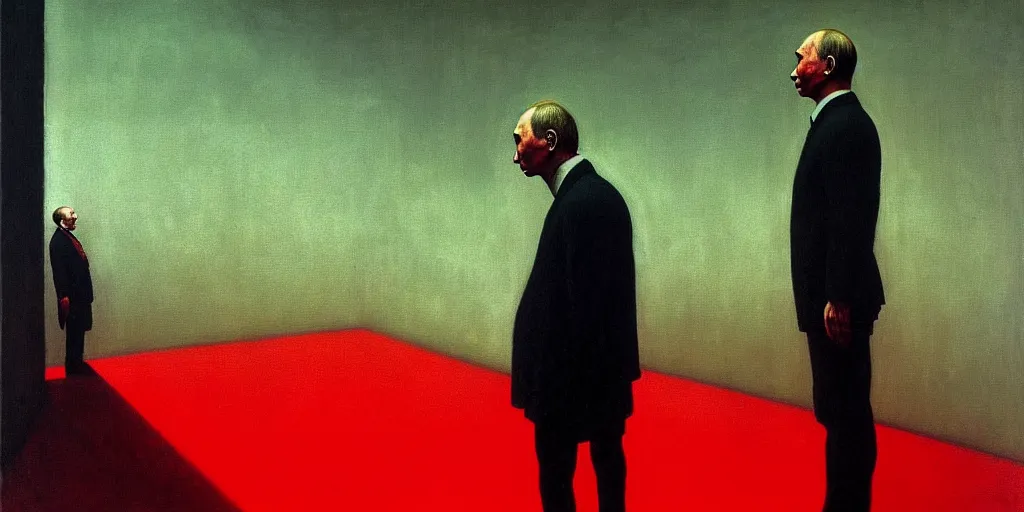 Prompt: vladimir putin totalitarian in the style of beksinski, parts by edward hopper, parts by rodcenko, parts by yue minjun, intricate and epic composition, red by caravaggio, insanely quality, highly detailed, masterpiece, red light, artstation, 4 k