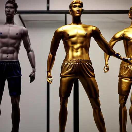 Image similar to a realistic detailed photo of a guy who is an attractive humanoid who is half robot and half humanoid, who is a male android, attractive and handsome soccer players, shiny skin, posing like a statue, blank stare, in a factory, on display, showing off his muscles, gold soccer shorts, side view, looking at each other mindlessly