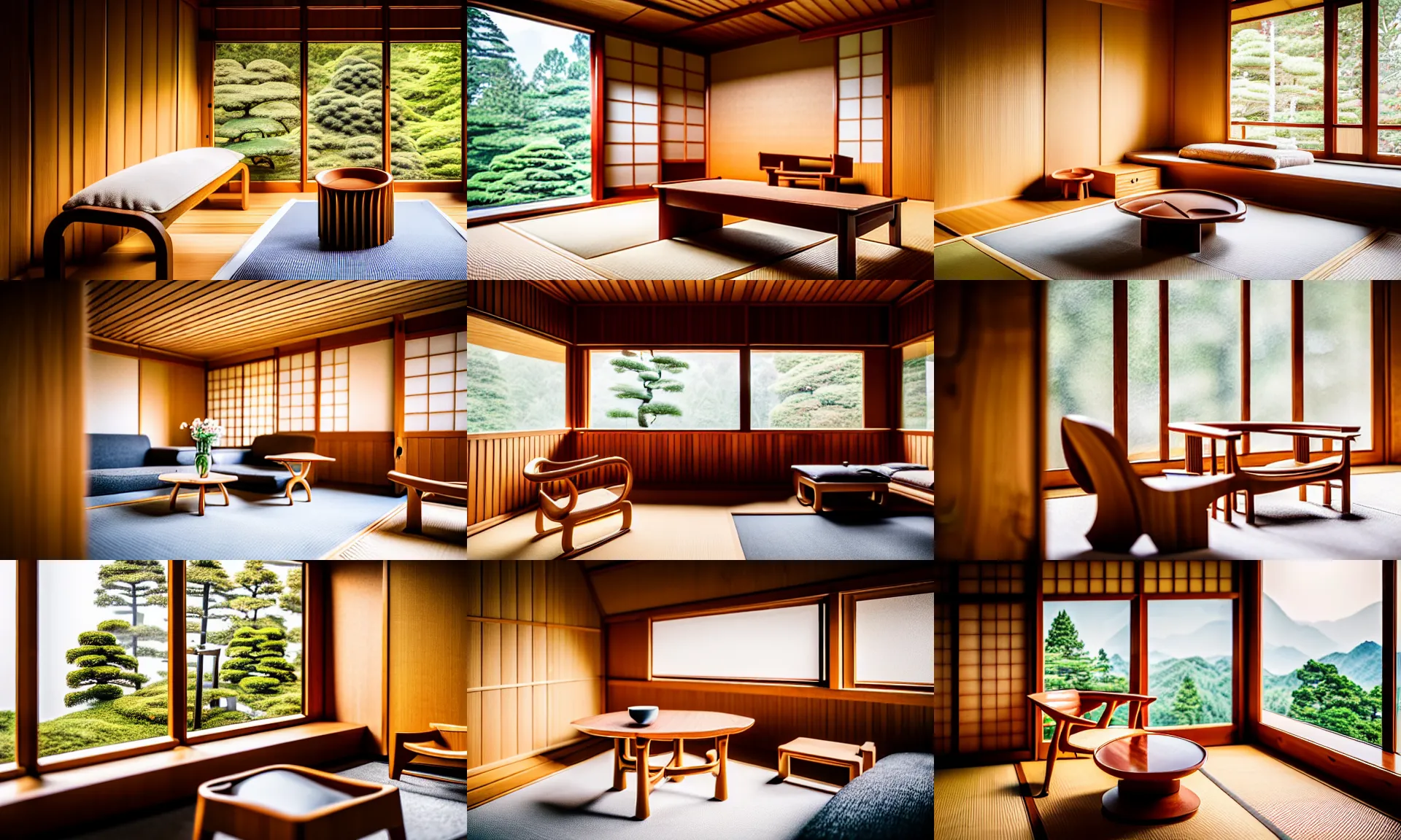 Prompt: full room view of a luxurious wooden cottage by alvar aalto, modern furnished japanese living room, japanese flower arrangements, coherent composition, realistic, extremely detailed furnitures, architecture photography, telephoto lens, canon rf 8 0 0 mm f / 5. 6 l