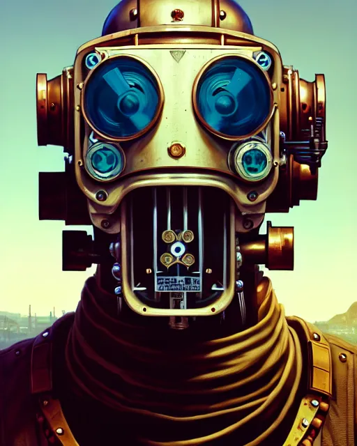 Image similar to hyper - realistic portrait of a steampunk robot, gta v cover art, celshading, sharp focus, intricate, detailed, rhads, andreas rocha, makoto shinkai, lois van baarle, ilya kuvshinov, greg rutkowski, dynamic lighting, grunge aesthetic, 4 k