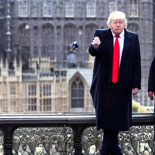 Prompt: a paparazzi photo of boris johnson on a date with donald trump along the houses of parliament, london, the sun newspaper, detailed, canon eos, f / 1. 2, 2 0 0 mm lens