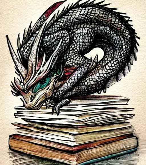 Image similar to A dragon sleeping on a huge pile of books, by Jody A Lee.