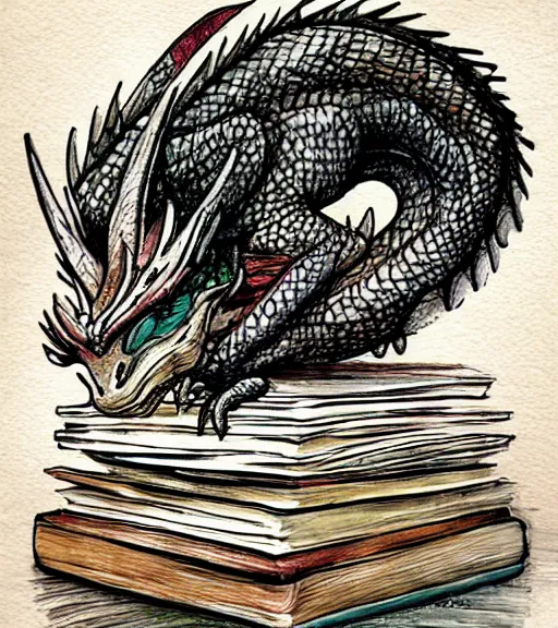 A huge white dragon sleeping on a hoard of books, by, Stable Diffusion