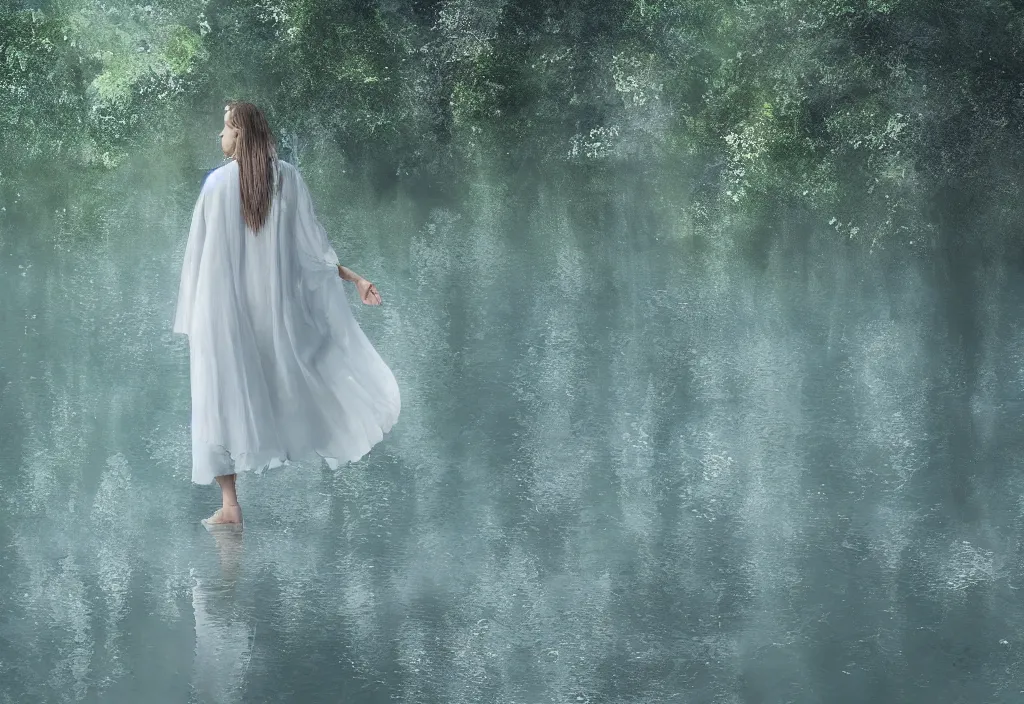 Prompt: digital art of a female figure walking in the middle of a lake wearing ethereal white clothing. lush nature. blue tint.