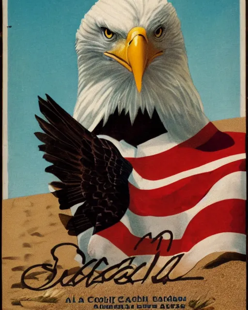 Image similar to postcard showing 'a cool bald eagle perched on a beach chair with shades and a beer bottle' laying in the sand, advertisement, american flag