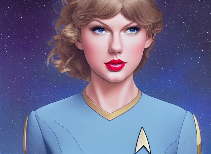 Image similar to a disney film still of taylor swift as a star trek officer, finely detailed features, closeup of the face, perfect art, dusk, blue hour, gapmoe yandere grimdark, trending on pixiv fanbox, painted by greg rutkowski, makoto shinkai, takashi takeuchi, alphonse mucha, akihiko yoshida