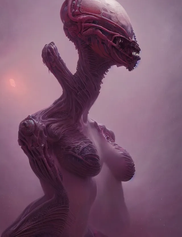 Image similar to ultra realist muted colors horror painting of a dimly lit attractive alien female and hellish creature together, very intricate details, focus, curvy figure, model pose, full frame image, artwork by tooth wu and wlop and beeple and greg rutkowski, award winning