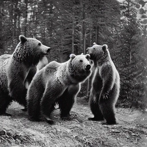 Prompt: “ a group of grizzly bears wearing full samurai armour in the forest, 1 9 0 0 ’ s photo ”