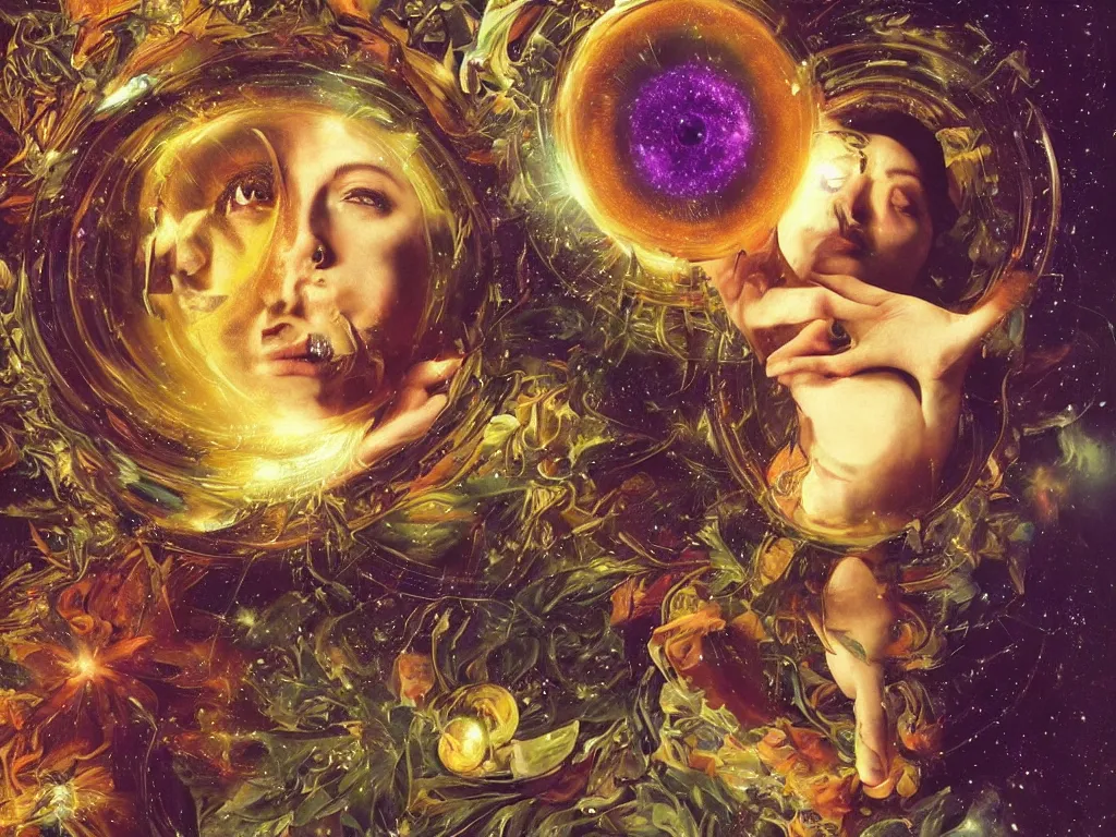 Prompt: hyperrealistic still life painting of a beautiful goddess with her third eye blasting open a portal into a new dimension, deep space, wrapped in fabric and gently smiling, surrounded by refracting prisms in a tesseract, by Caravaggio, botanical print, beautiful plants, surrealism, vivid colors, serene, golden ratio