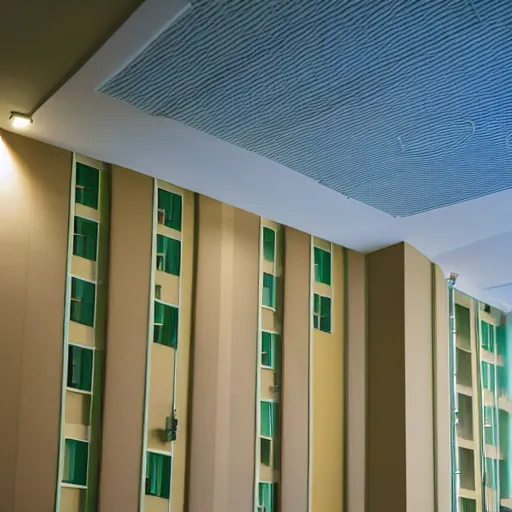 Image similar to hotel floor that's impossible to get to, beige walls, beige lighting, fancy details, windows, night time, window to night time city, 2 4 0 p photograph