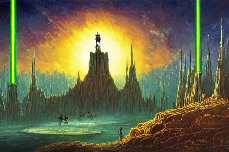 Prompt: miskatonic university big bang inscape in the style of dr. seuss,'star wars ', painting by albert bierstadt